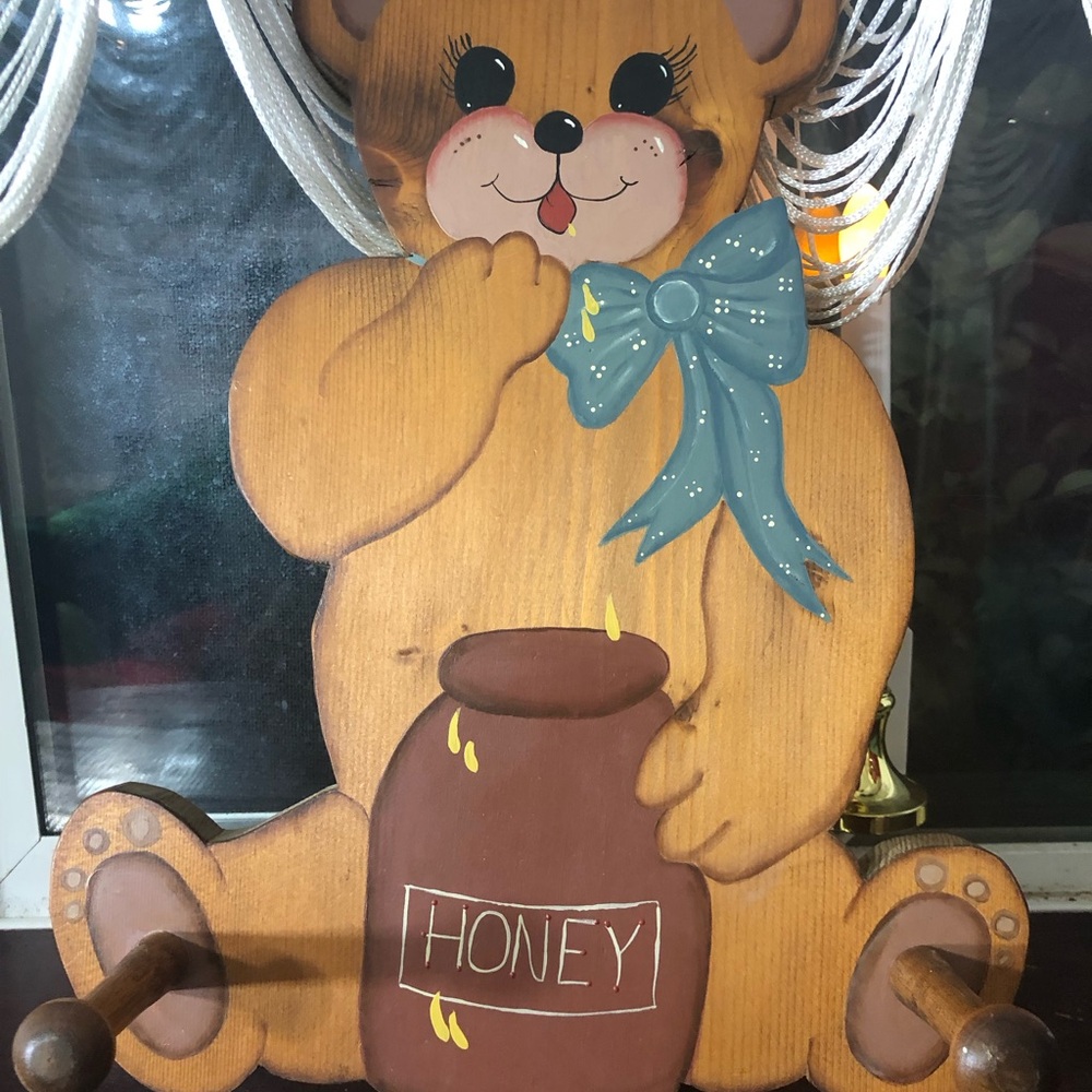 Wooden Bear Wall Decor with Blue Bow
